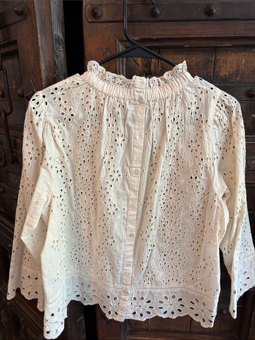 Ivory Eyelet Ruffle-Neck Blouse - Romantic Long Sleeve Top - Picture 2 of 3